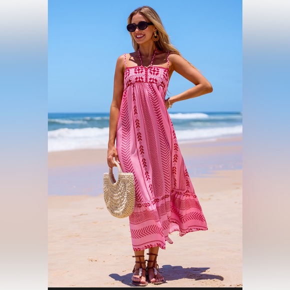 Cupshe Dresses & Skirts - Pink Boho Square Neck Sleeveless. Dress Pink and Red Patterned Maxi Dress